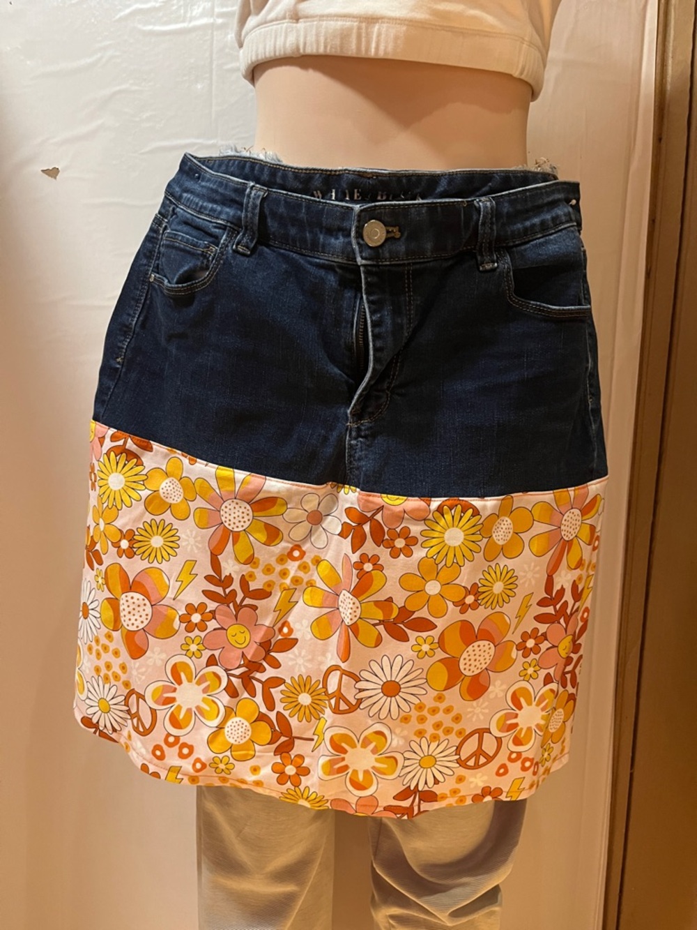Denim and Orange Floral Patchwork Mini Skirt. Goes perfect with that wrap top.